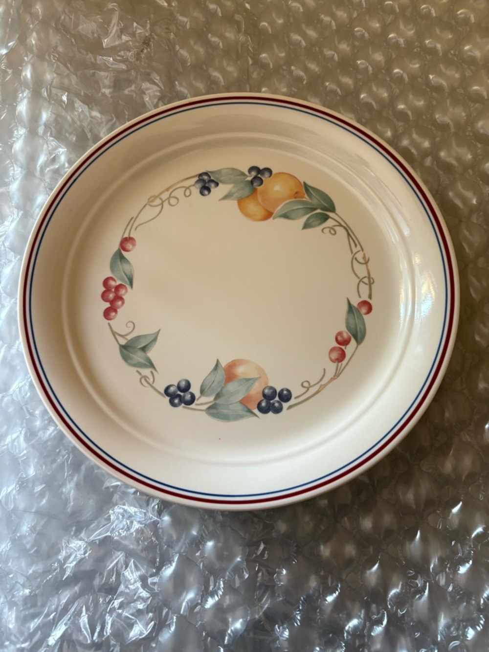 Corelle Cream Dinner Plate with Red and Blue Rim and Fruit Wreath 10 1/4in